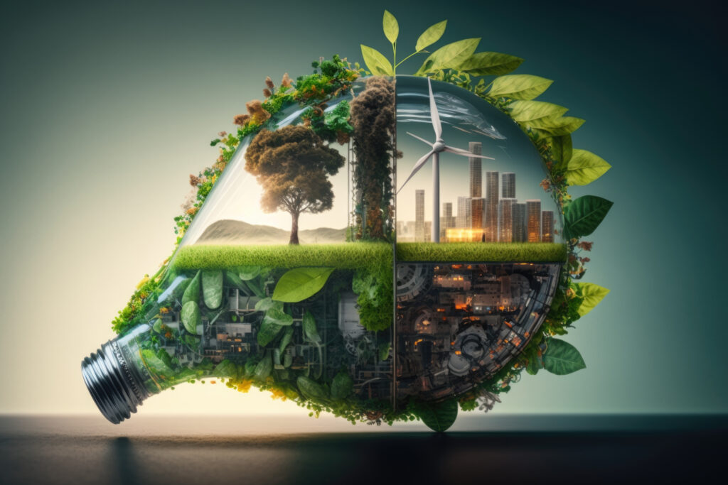 Ecology concept with green city and light bulb