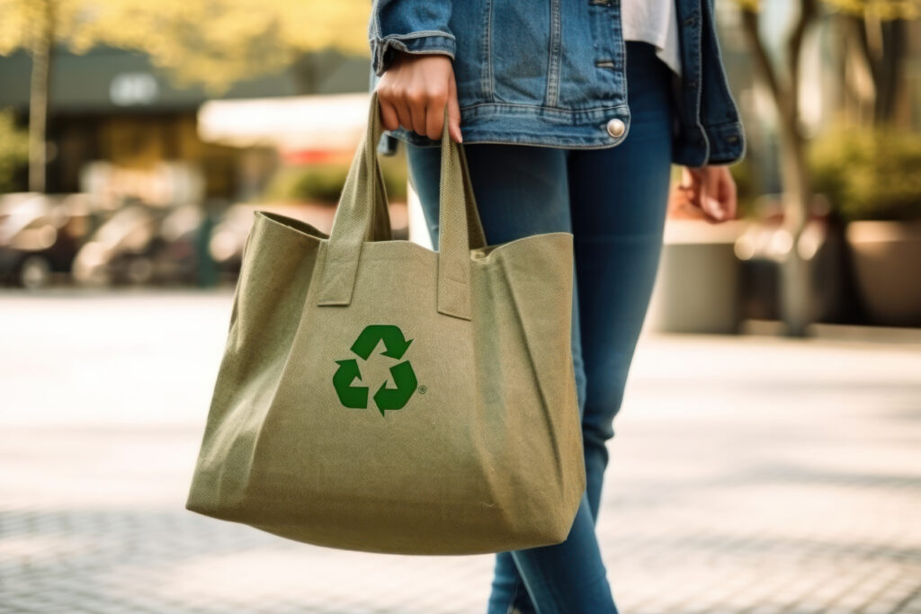 Recycle symbol on hand and bag, sustainable and eco environment concept. generative ai
