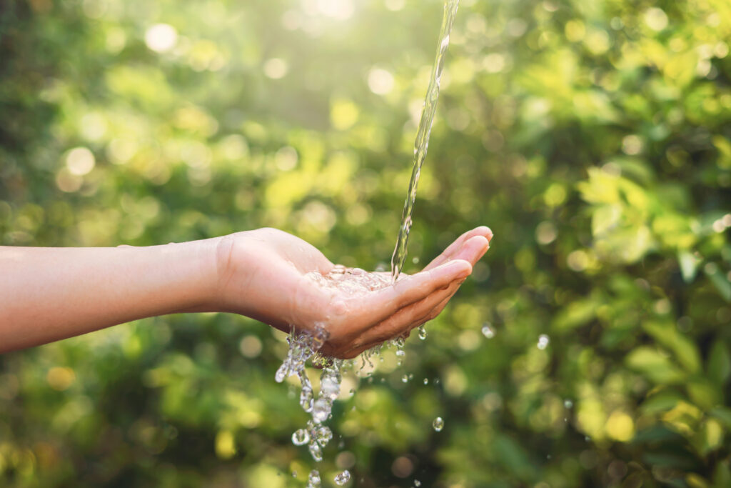 Water pouring on hand in morning ligth background