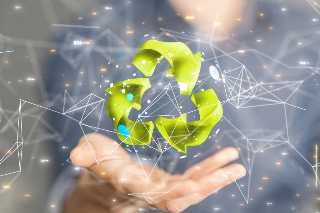 3d rendering of floating recycling icon with digital connection on a man's hand